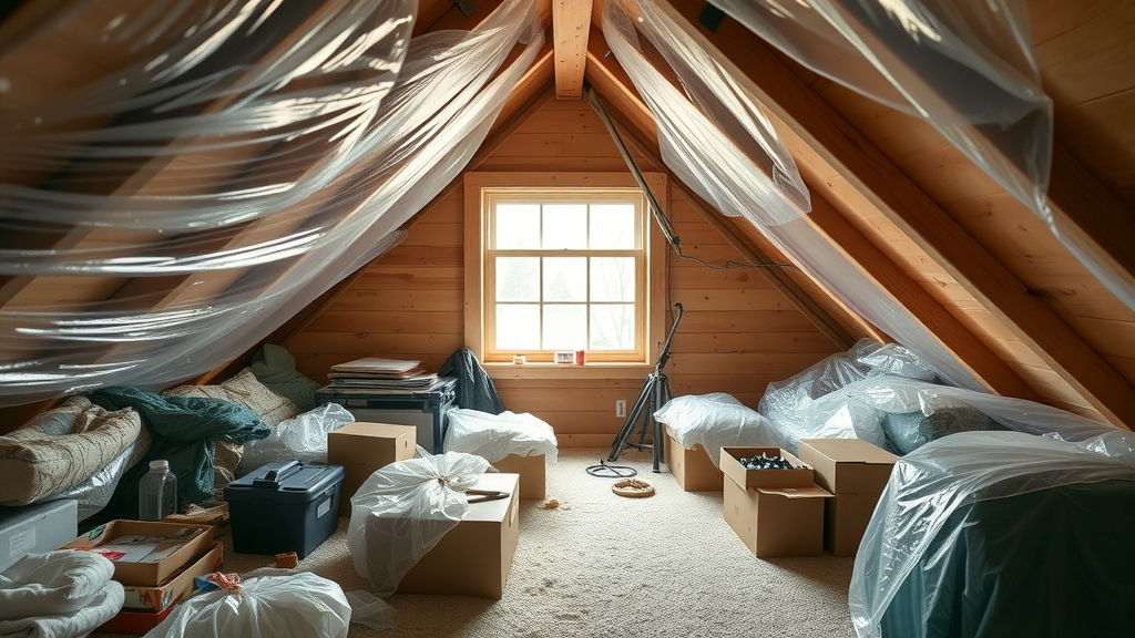 protected attic space with covered belongings during home preparation for roofing installation