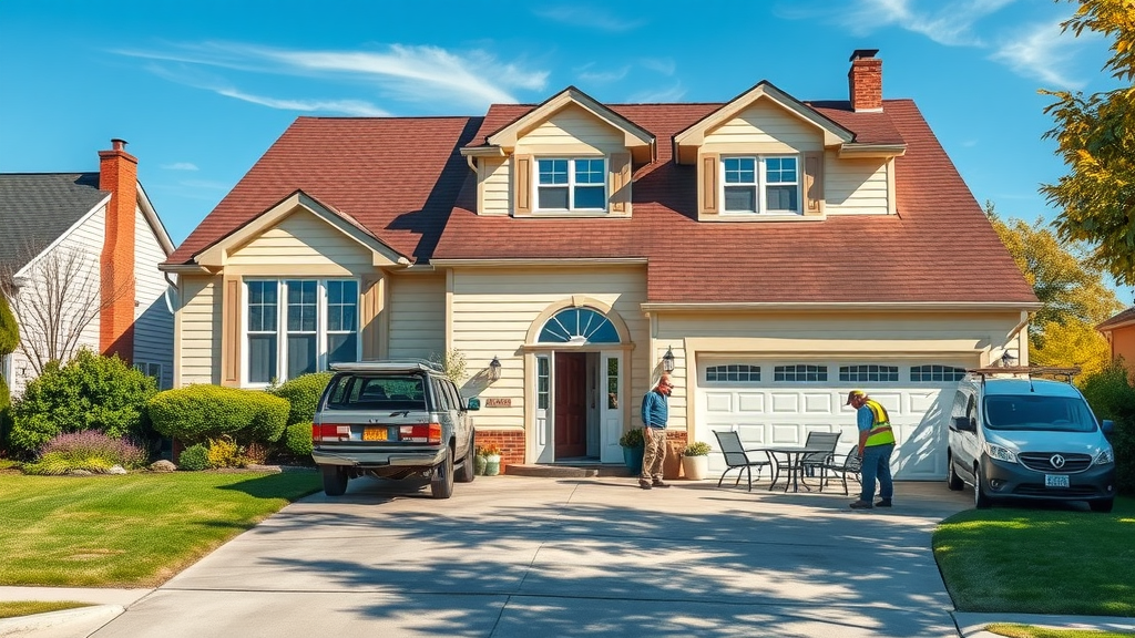 cleared driveway and yard for home preparation for roofing with workers preparing roof replacement
