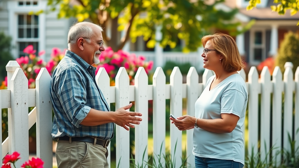 neighbors discussing home preparation for roofing and roofing project's noise schedule by fence