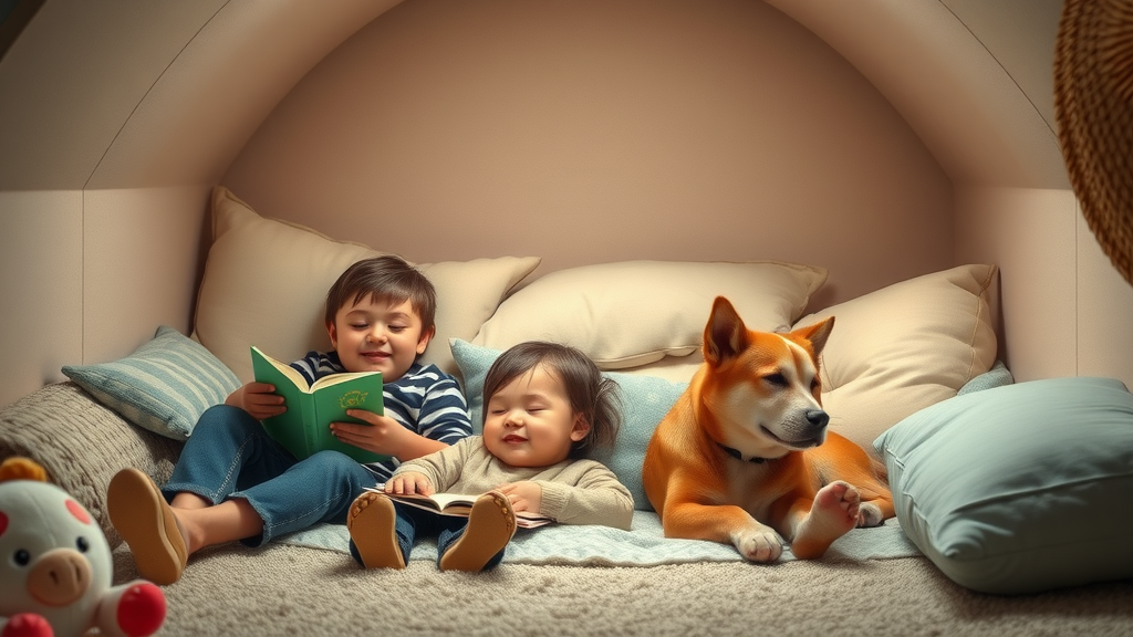 Kids and dog resting peacefully in a safe cozy indoor space during roof replacement, reducing stress for pets and kids during roof replacement