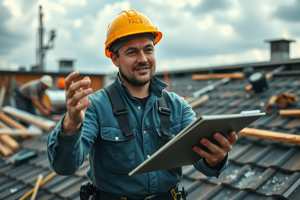 Professional roofing contractor assessing materials