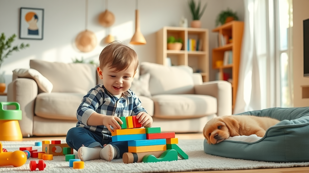 Organized living room as safe play area for children and pets to promote pets and kids safety during roofing