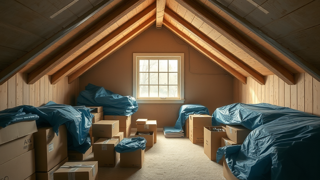 Prepare yard for roof replacement by covering attic belongings during roofing