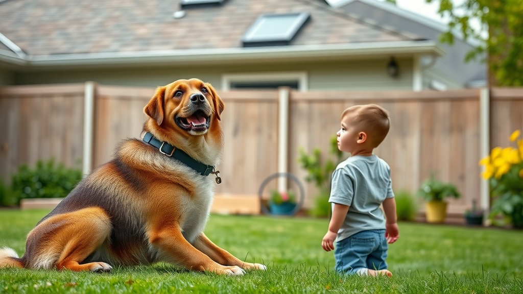 Calm dog and curious child watching roof replacement from a safe distance illustrating pets and kids safety during roofing