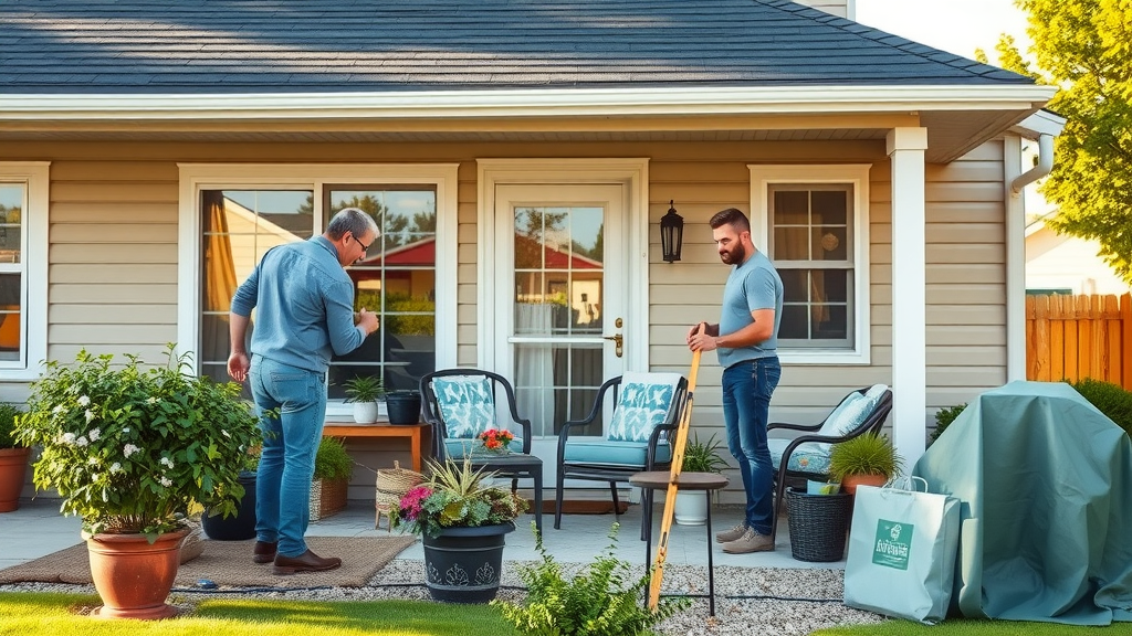 Homeowner preparing yard and driveway for roof replacement safe work environment