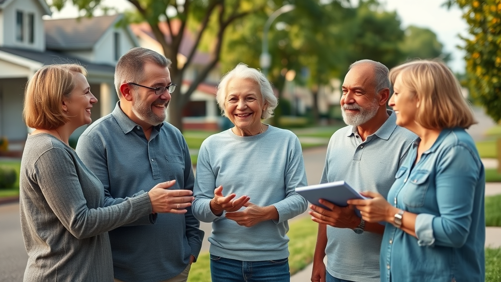 Homeowner communicating with neighbors about roof replacement safety and scheduling