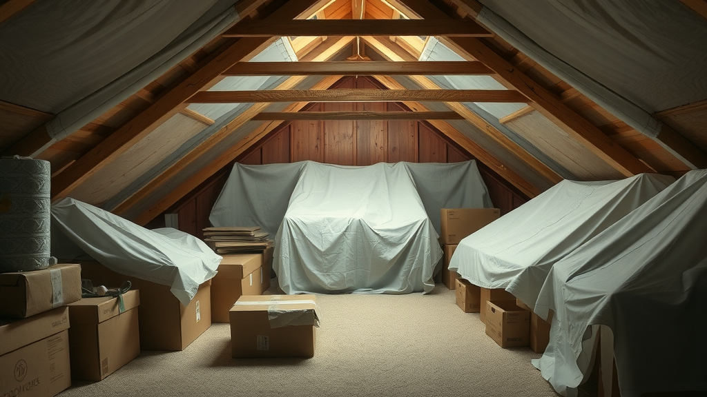 Tarps covering attic items to protect home interior during roofing