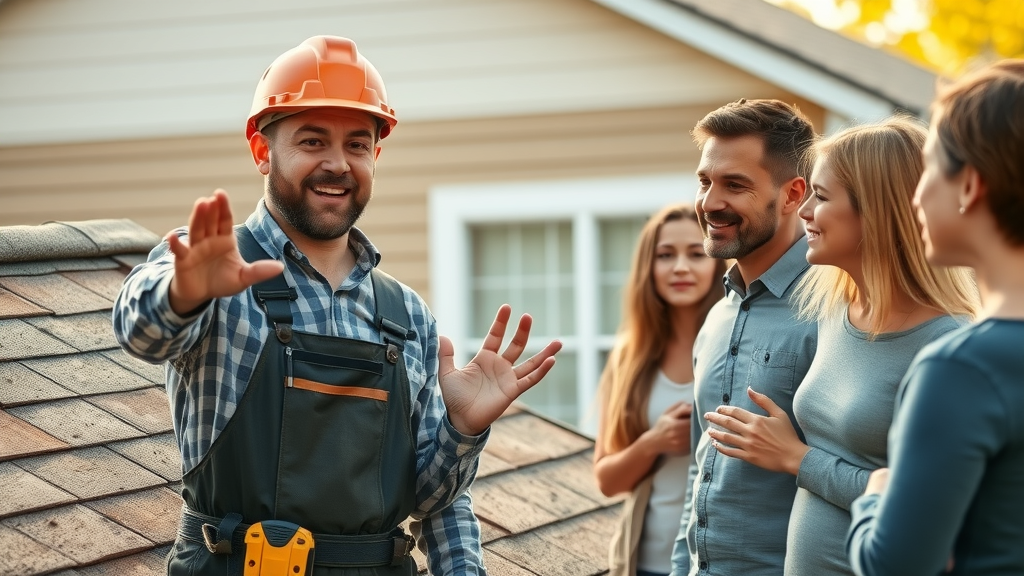 Experienced roofer explaining roof replacement process to family, highlighting safety hazards affecting pets and kids during roof replacement