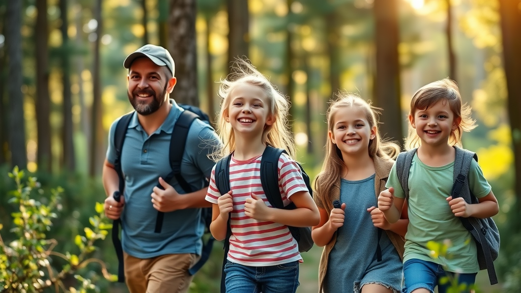 Family enjoying a forest hike outdoors, effective strategy for managing kids and pets during roof replacement