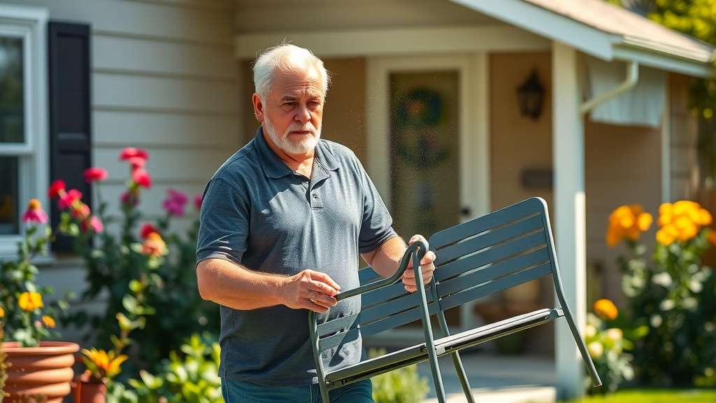 Homeowner moving garden furniture away from house as part of roof replacement checklist