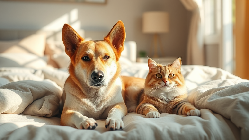 Calm dog and cat lounging peacefully inside sunlit room, providing safe indoor environment for pets and kids during roof replacement