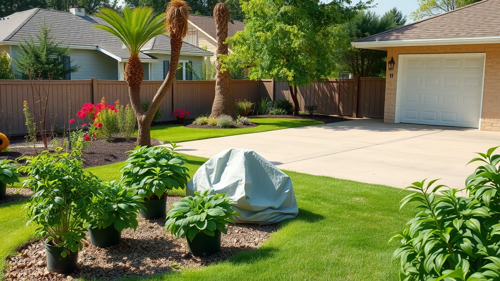 Prepare yard for roof replacement by covering plants with tarps and clearing driveway