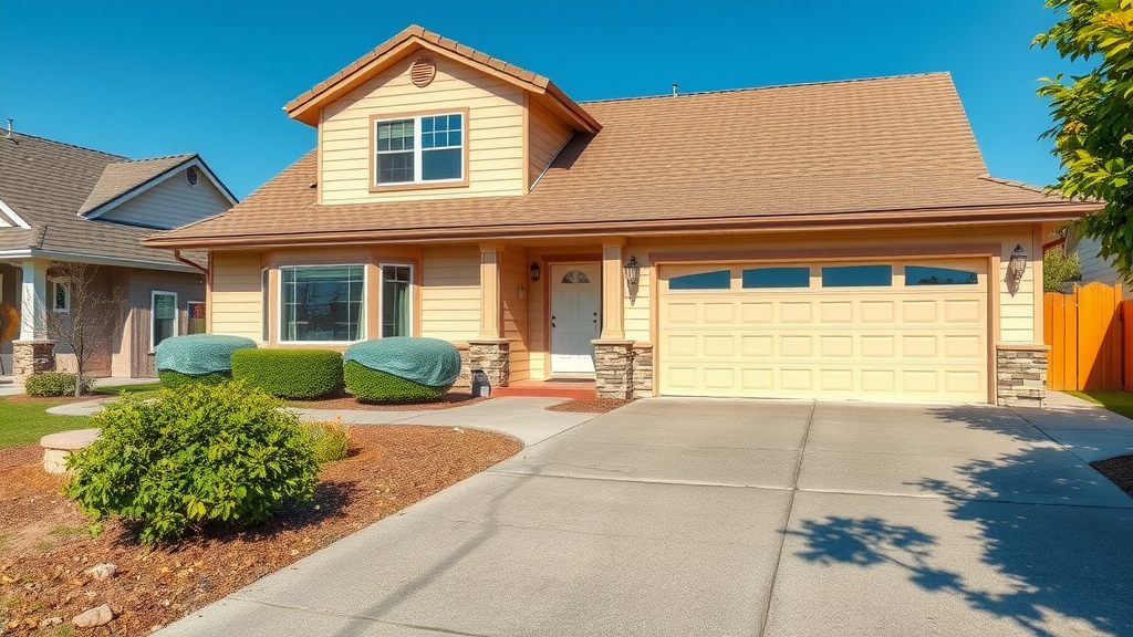 Clear driveway and covered plants protecting home exterior during roofing
