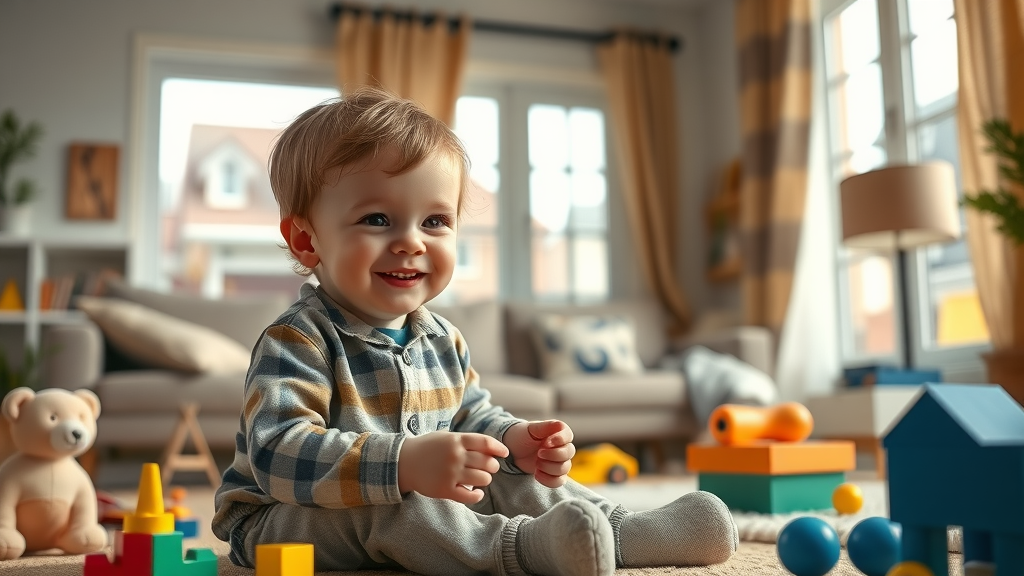 Happy child playing indoors with toys safely away from roofers, illustrating pets and kids safety during roofing