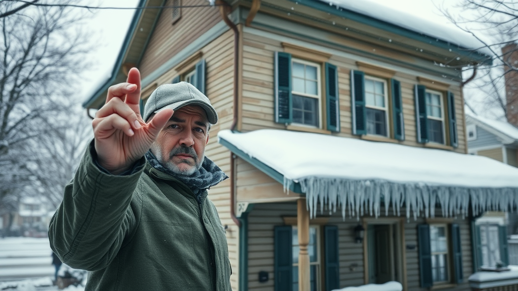 Historic two-story home with worried homeowner checking roof for snow and ice buildup, photorealistic, snowy street, icicles, winter, cold blue light.
