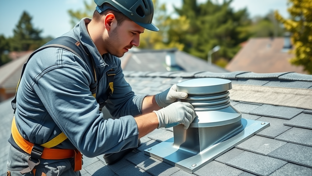 Professional roof inspection for leaks: Roofer lifts metal flashing around vent pipe to check for cracks, photorealistic daylight suburban rooftop