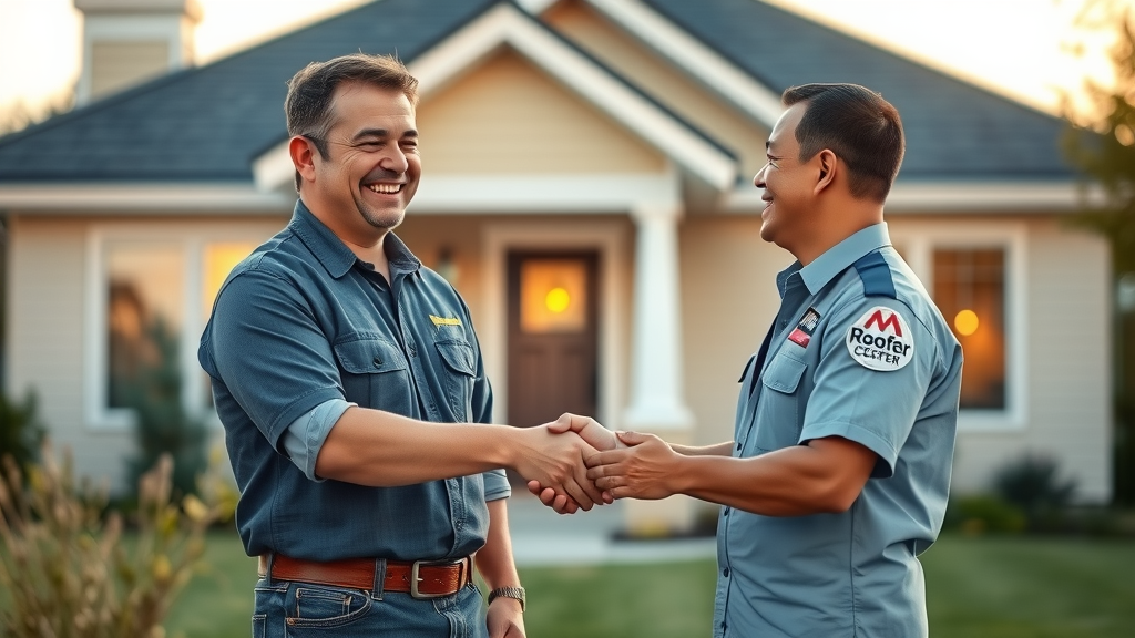 Professional roof inspection: Certified roofer in uniform shakes hands with homeowner outside well-maintained house, focus on handshake and clean roof, photorealistic golden hour light
