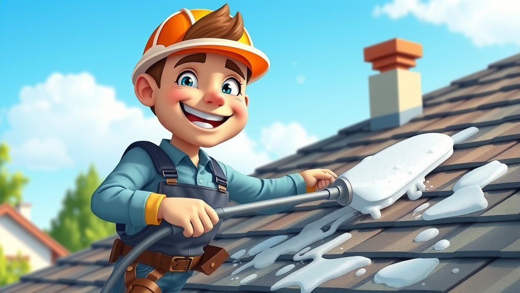 Happy professional roofer cleaning roof, illustrating proper affordable roof maintenance and longevity