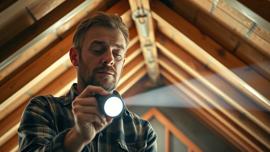 Home inspector examines attic roof with flashlight, identifying roof leaks and water intrusion for affordable repairs