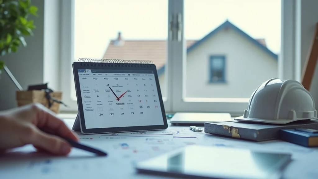 Digital calendar and clock overlay on roof indicating organized timeline for roof replacement