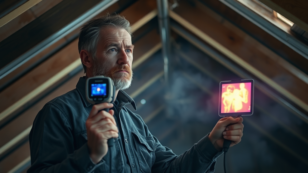 Infrared camera leak detection: Inspector uses thermal imaging camera to reveal water intrusion in attic, rafters and wet zones highlighted in photorealistic scene