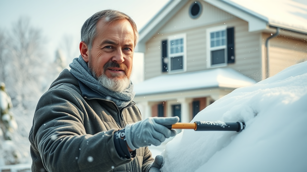 Hardy homeowner using telescoping roof rake to remove heavy snow from roof, snowy two-story home in background, crisp white and blue colors, photorealistic.