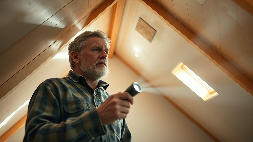 Attic inspection for roof leaks: Homeowner studies water stain on ceiling with flashlight, insulation and beams visible, photorealistic daylight scene
