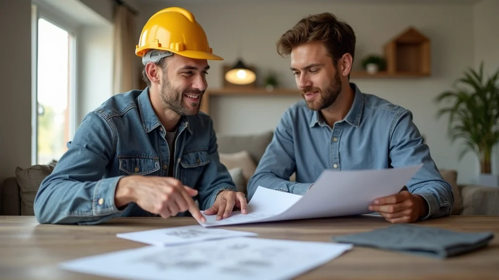 Professional roofing contractor consulting with a homeowner and reviewing roofing contract paperwork