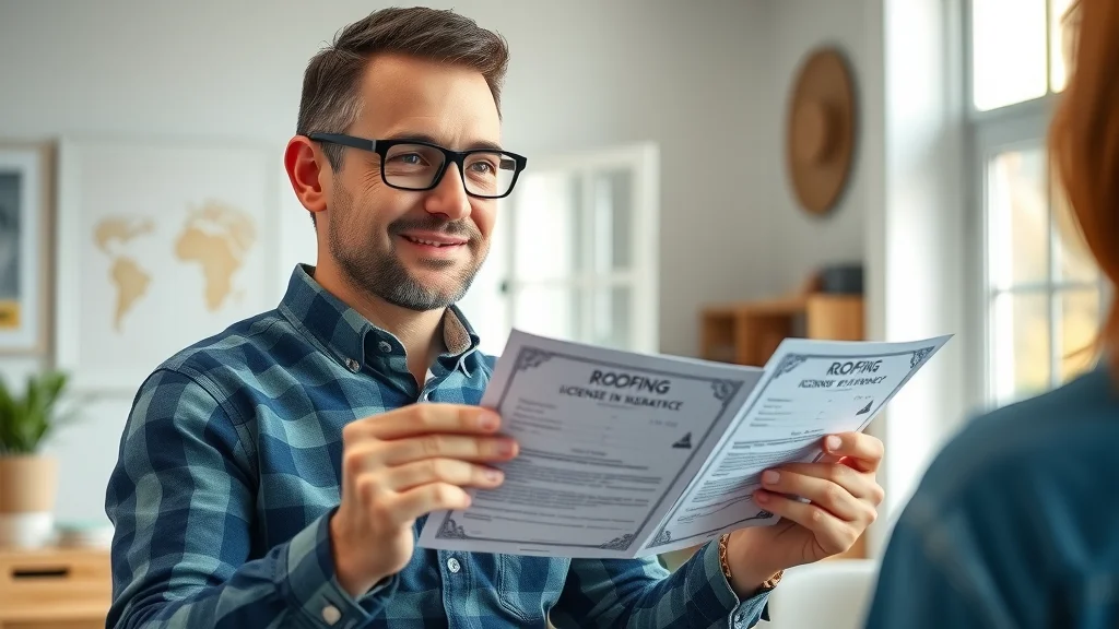 Professional roofing contractor showing license and insurance documents for roof replacement. Modern, light-filled home office with certificates, realistic detail, natural daylight.