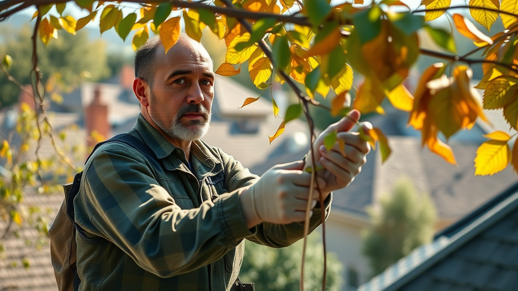 Professional arborist carefully trimming tree branches near rooftop to protect roofing for extreme weather, autumn neighborhood, falling leaves, photorealistic, natural lighting.