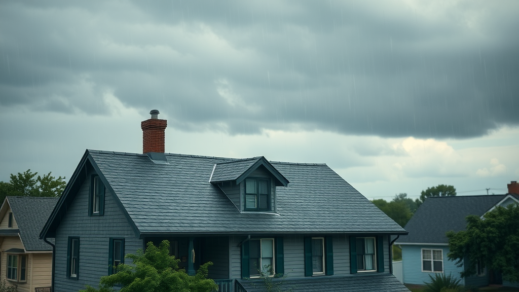 Resilient home with reinforced roof enduring heavy rainstorm in Buffalo, showing affordable roof maintenance and protection