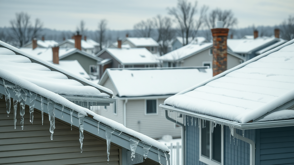 Winter roof leak risk: Suburban rooftops with ice dams and icicles, melting snow at eaves, photorealistic snowy neighborhood scene