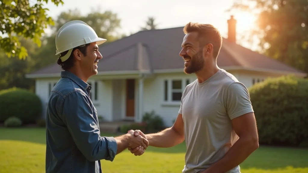 Happy homeowner shaking hands with professional roofer in front of a new roof, symbolizing trust and confident roof replacement