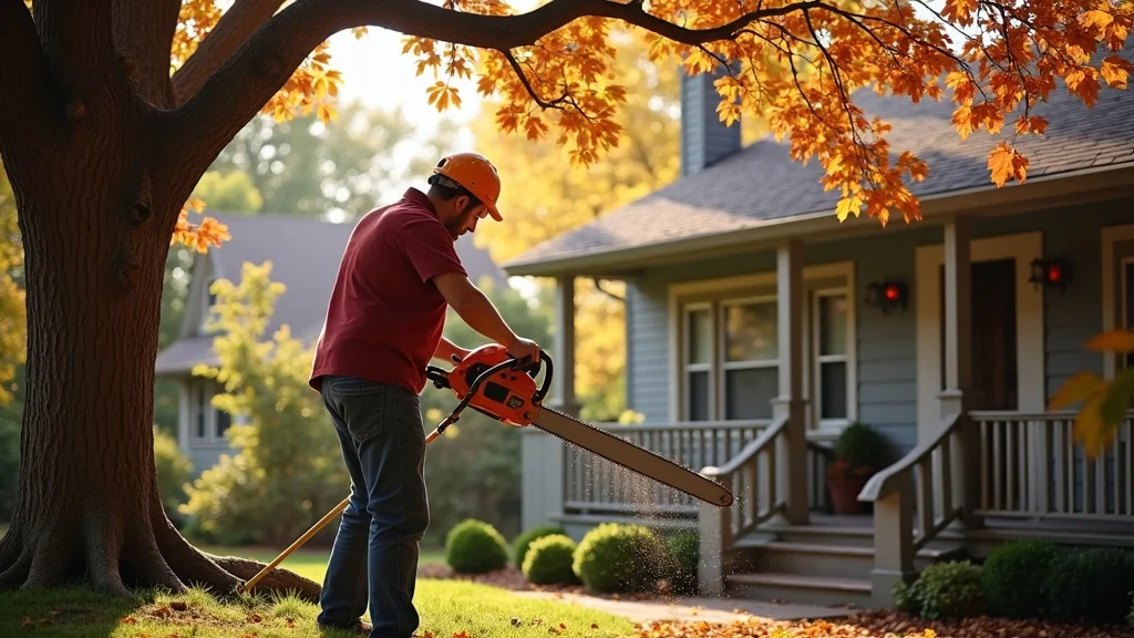Homeowner trimming tree branches near roof in Buffalo & Niagara - Preventing storm damage