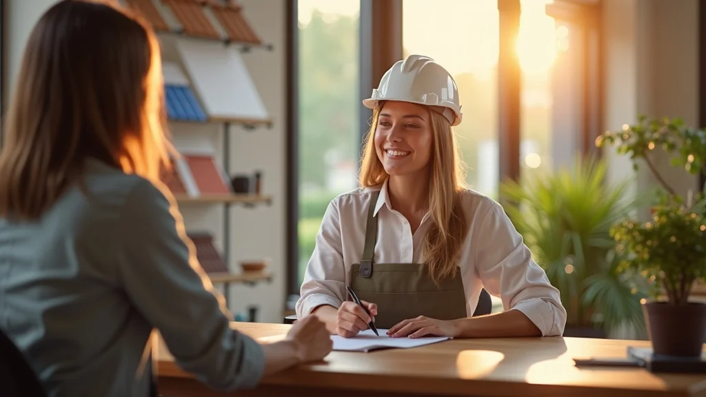 roofing company office near me friendly receptionist and homeowner consultation