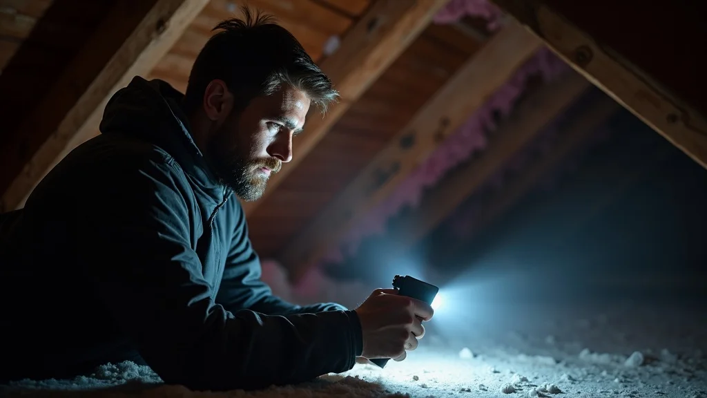 Detailed attic inspection for moisture in Buffalo & Niagara - Homeowner checking attic beams, insulation, and frost