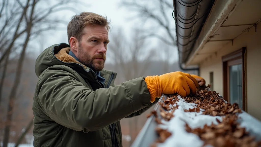 Clean gutters and downspouts - Homeowner cleaning winter gutters to prevent ice dam roof damage in Buffalo & Niagara