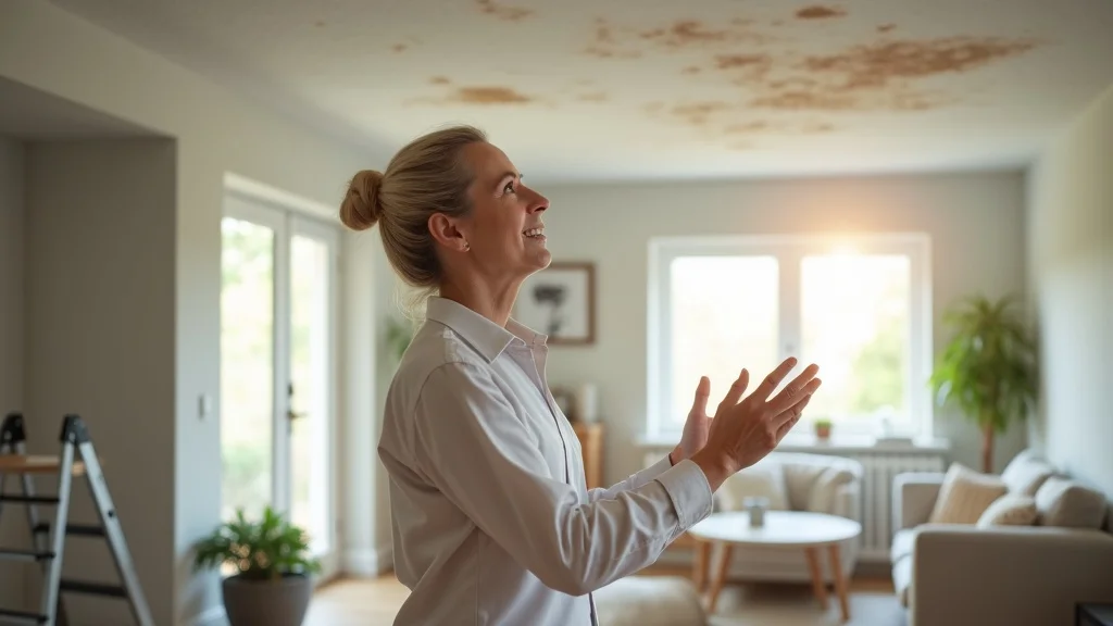 roof repair near me, homeowner noticing water stains on ceiling with ladder and toolkit in a bright modern living room