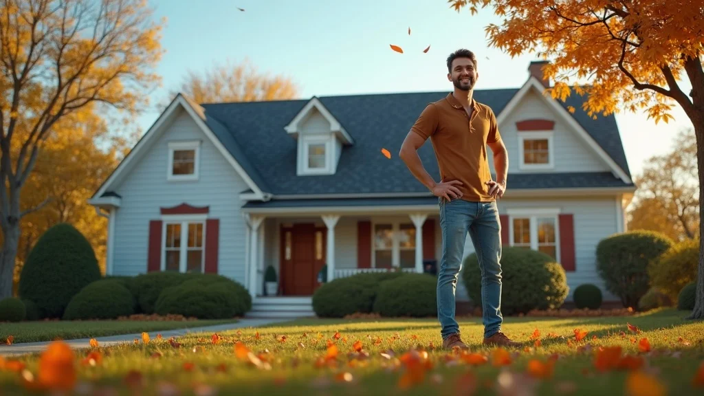 Inviting suburban home exterior: Cheerful homeowner inspecting roofline on a well-manicured shingle roof, showcasing roof maintenance to extend your roof’s life