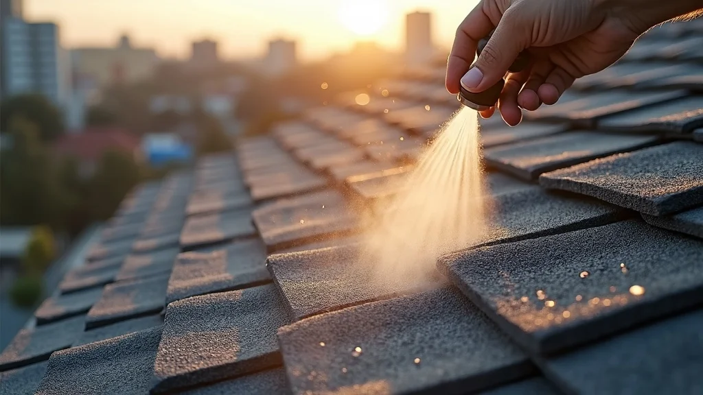 Roof professional applying eco-friendly moss and algae treatment to asphalt shingle roof to extend the life of your roof