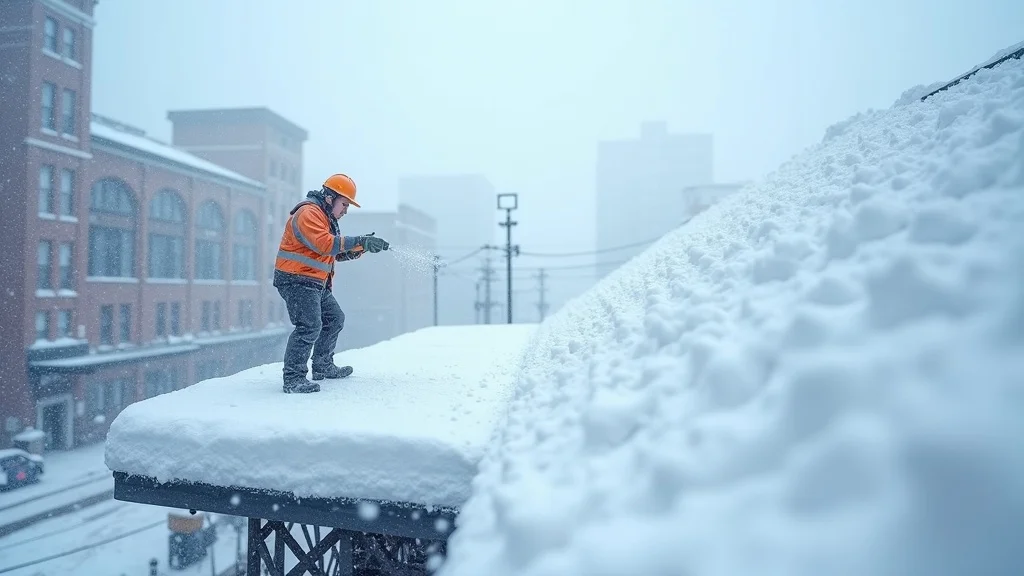 Heavy snow load on low-slope roof—maintenance worker in Western New York inspecting for safety and structure