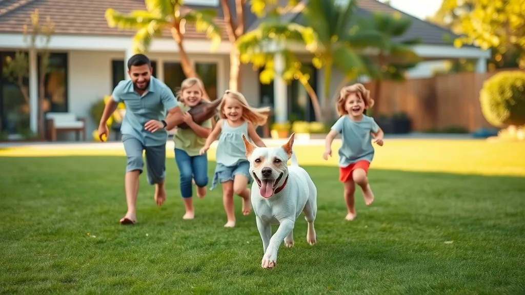 Happy family and their dog playing safely on an immaculate backyard lawn after Fiddler Roofing's thorough roofing cleanup—no nails or debris, just freshly mown grass and vibrant energy.