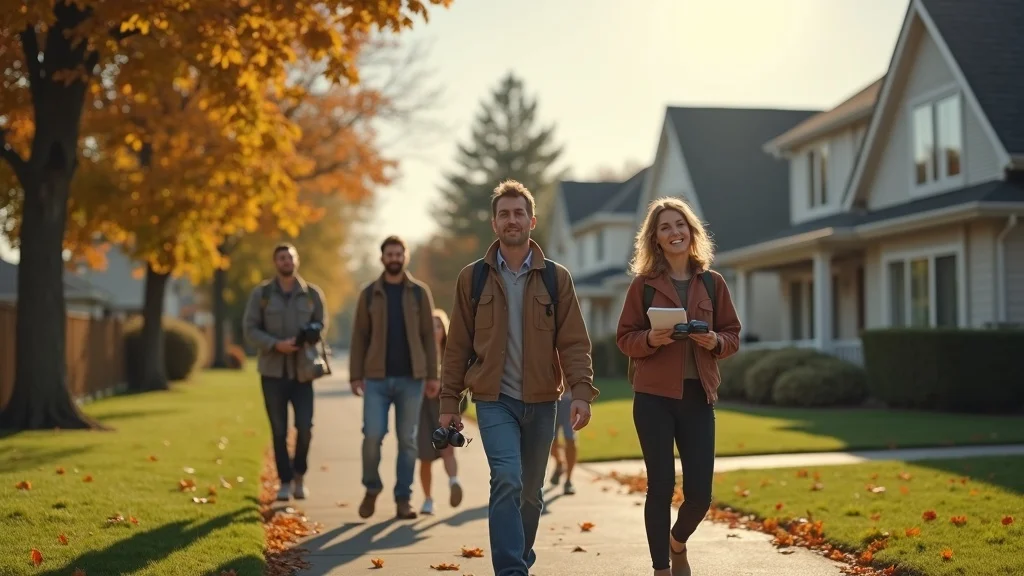 Residential neighborhood with well-maintained roofs, homeowners inspecting their roofs using checklists—year-round roof care checklist, diverse group, photorealistic, inviting