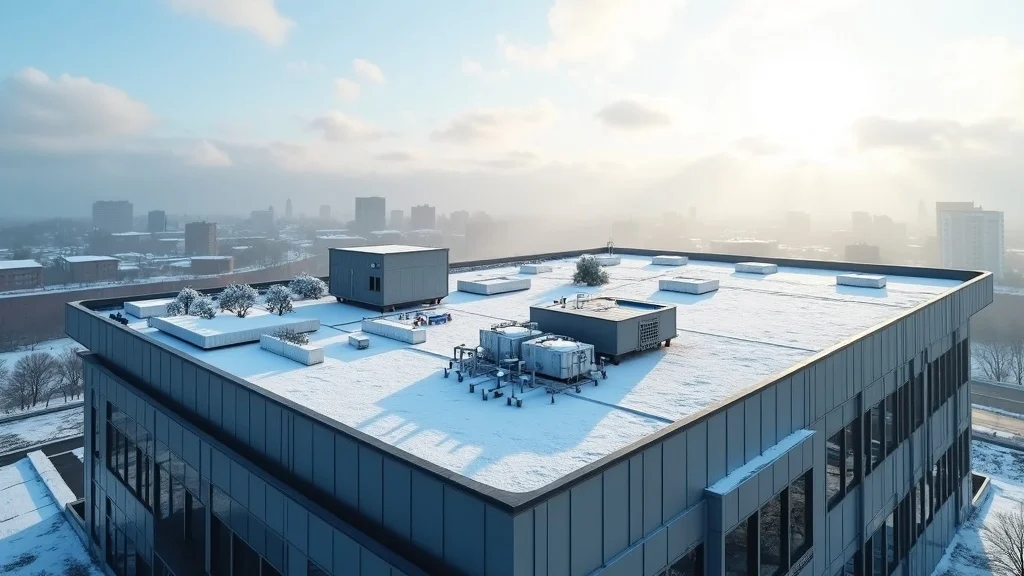 Sleek commercial rooftop in Buffalo with solar panels and snow retention; photorealistic, industrial grays and blues. Roofing solutions Western New York business owners trust.