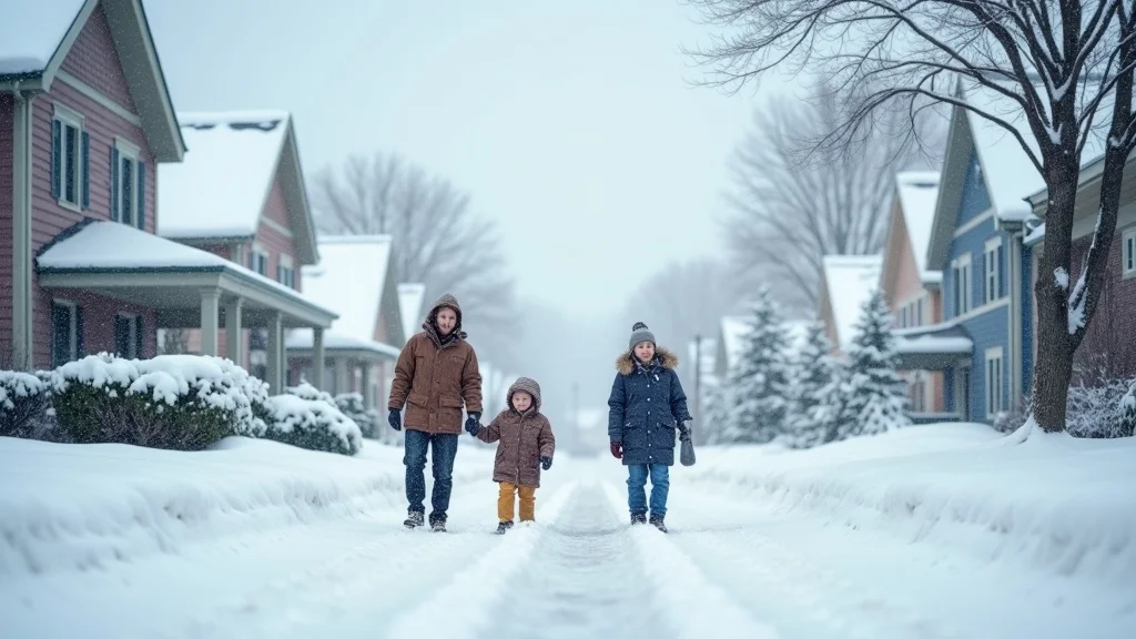 Snow-laden roofs in Western New York suburban neighborhood with families content under heavy snow, icicles and pines; photorealistic, hi-res, cool whites and blues. Emphasizes roofing solutions Western New York homes trust.