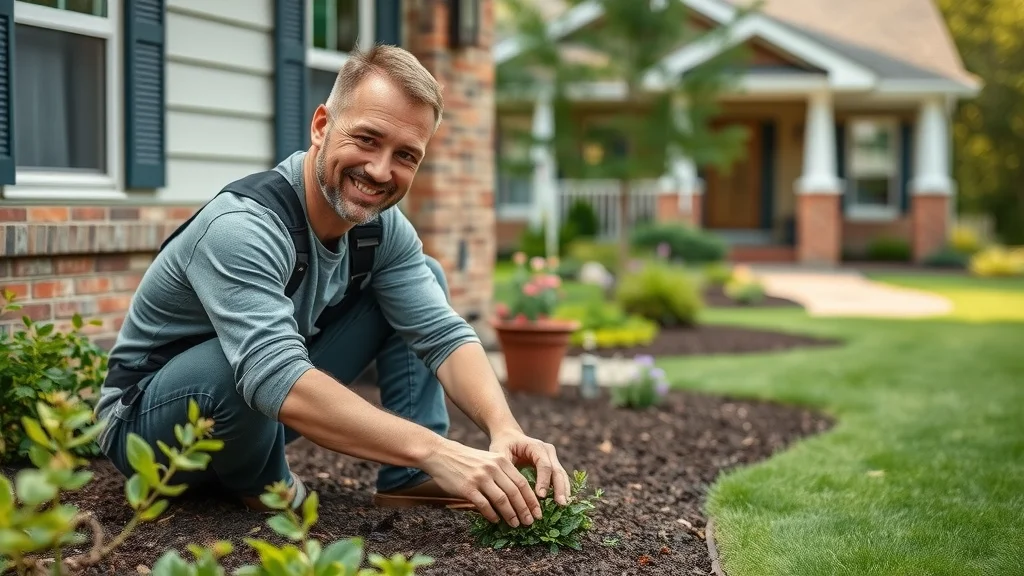 Fiddler Roofing team gently restoring landscaping after roof replacement—crew member straightening flowers and raking mulch to uphold property respect and ensure immaculate cleanup.