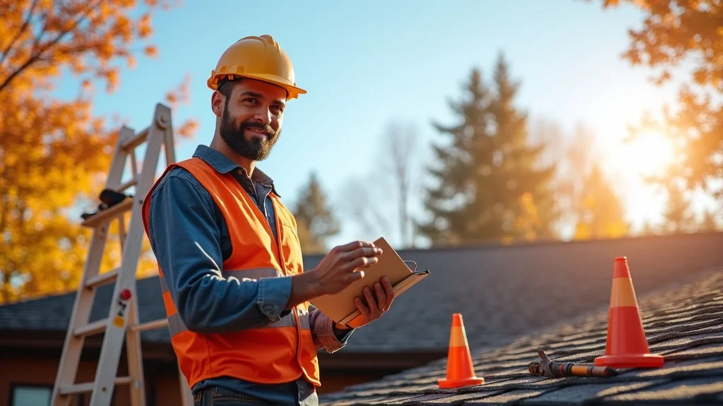 Fall roof care—professional roofing contractor inspecting roof, roof maintenance checklist, fall leaves, photorealistic, Fiddler Roofing