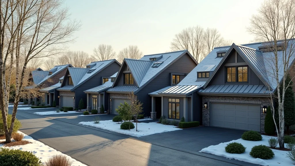 Row of Western New York homes featuring diverse roofing materials—solar shingles, metal, cool roofs—sun glinting off surfaces, photorealistic. Roofing solutions Western New York trust.