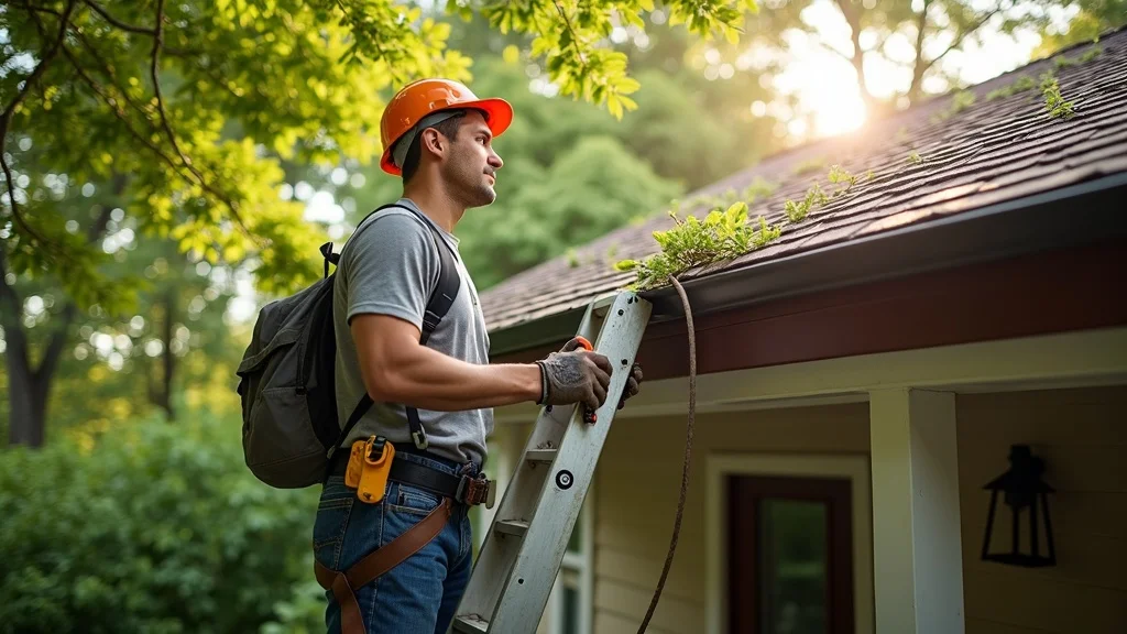 Summer roof maintenance—pro in safety gear trims branches from overhanging roof, roof care checklist, photorealistic, metal roof, asphalt shingle, modern roof