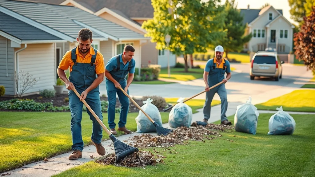 Professional roofing crew performing immaculate cleanup—Fiddler Roofing workers in branded uniforms meticulously removing debris and sweeping around a residential property to ensure a spotless, family-safe job site after roof replacement.
